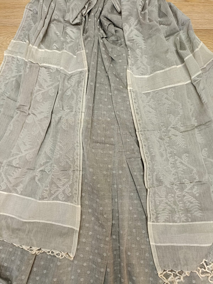 Cotton 2 Piece Dhakai Set Grey & White – Balaram Saha