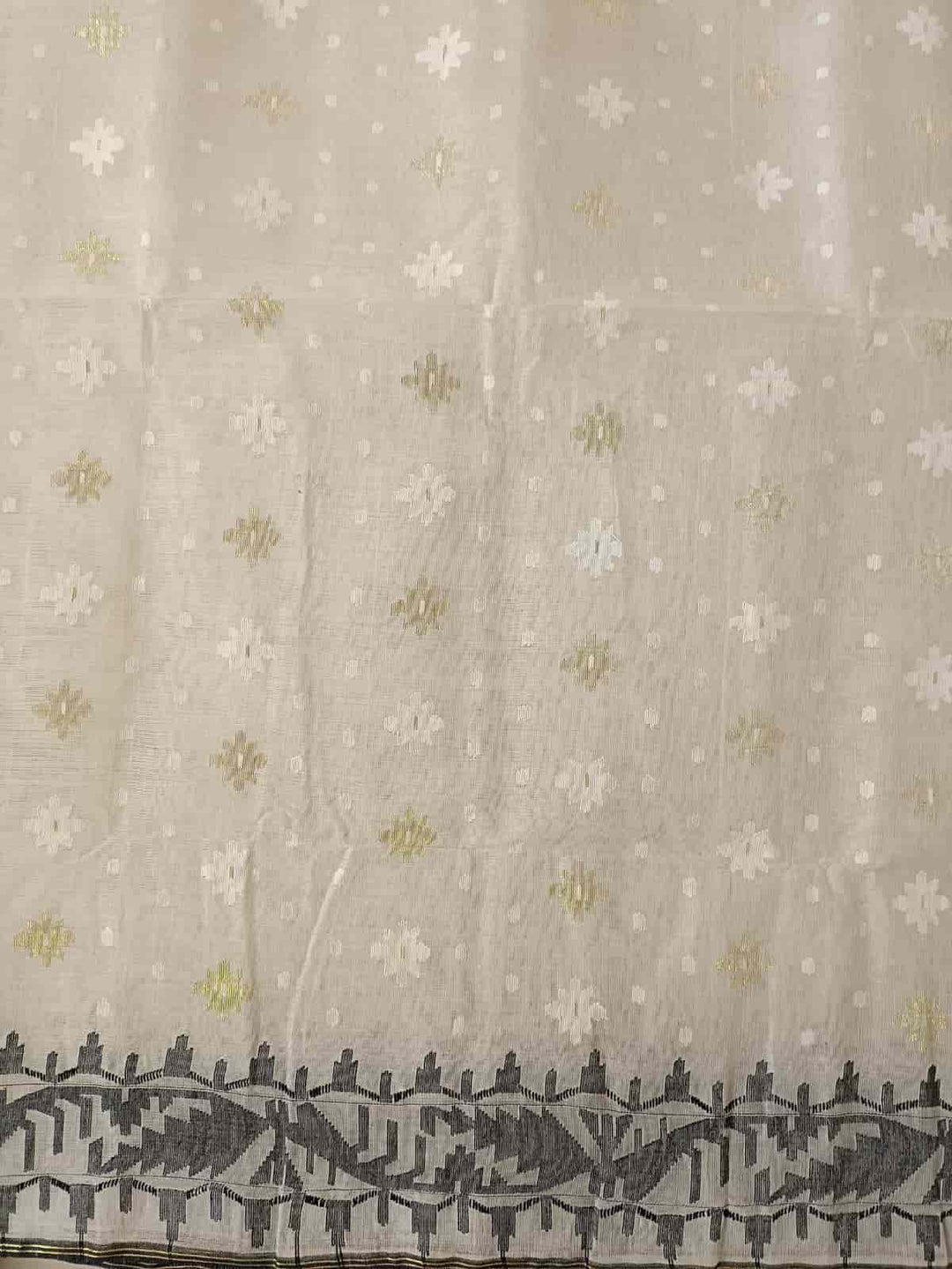 Off-white, Bangladeshi handwoven cotton jamdani saree with all-over white woven booties on body and Black Traditional Jamdani woven border and Aanchal.
