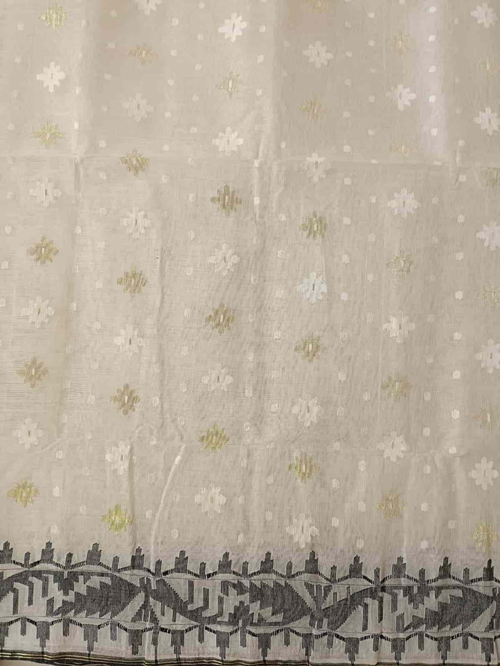 Off-white, Bangladeshi handwoven cotton jamdani saree with all-over white woven booties on body and Black Traditional Jamdani woven border and Aanchal.