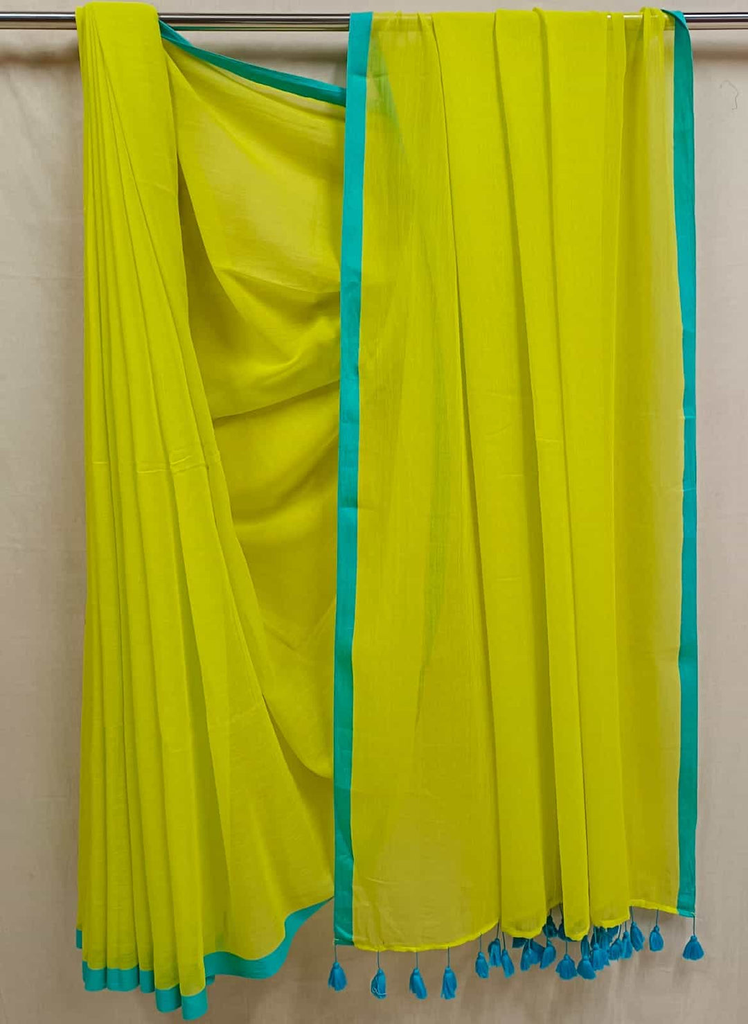 Lemon & Blue Soft Handloom Mull Cotton Saree With Small Blue Contrast Border Pom pom Attache Aanchal NO/BP