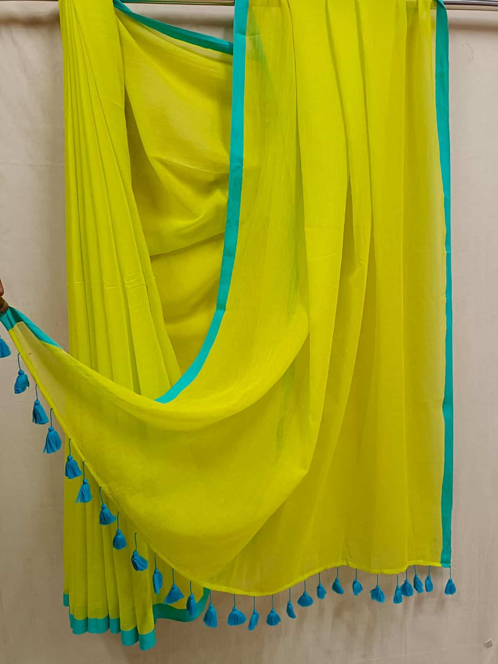 Lemon & Blue Soft Handloom Mull Cotton Saree With Small Blue Contrast Border Pom pom Attache Aanchal NO/BP