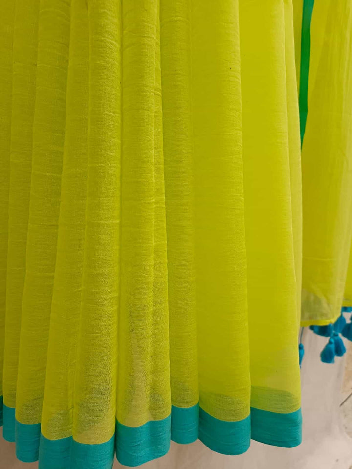 Lemon & Blue Soft Handloom Mull Cotton Saree With Small Blue Contrast Border Pom pom Attache Aanchal NO/BP