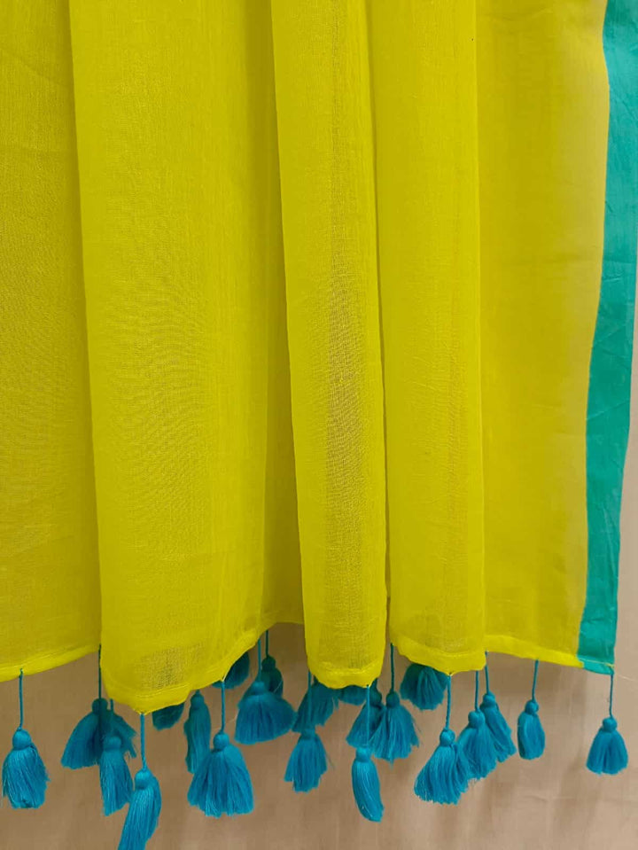 Lemon & Blue Soft Handloom Mull Cotton Saree With Small Blue Contrast Border Pom pom Attache Aanchal NO/BP