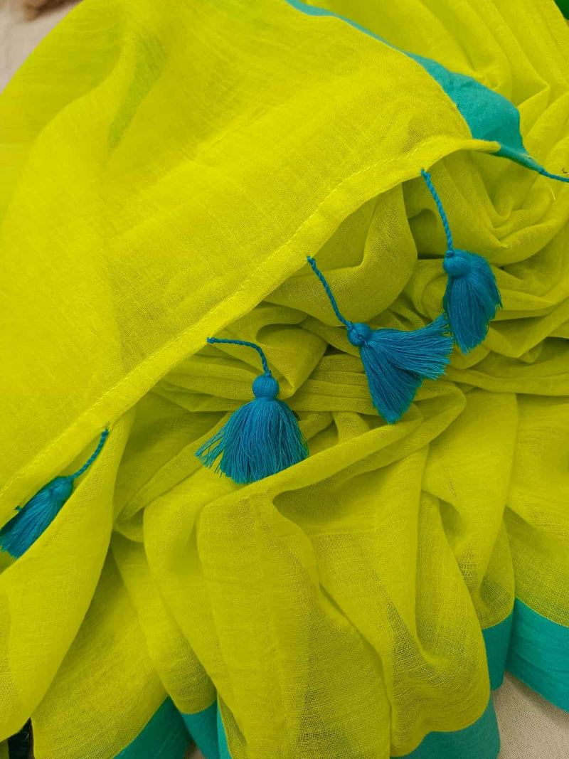 Lemon & Blue Soft Handloom Mull Cotton Saree With Small Blue Contrast Border Pom pom Attache Aanchal NO/BP