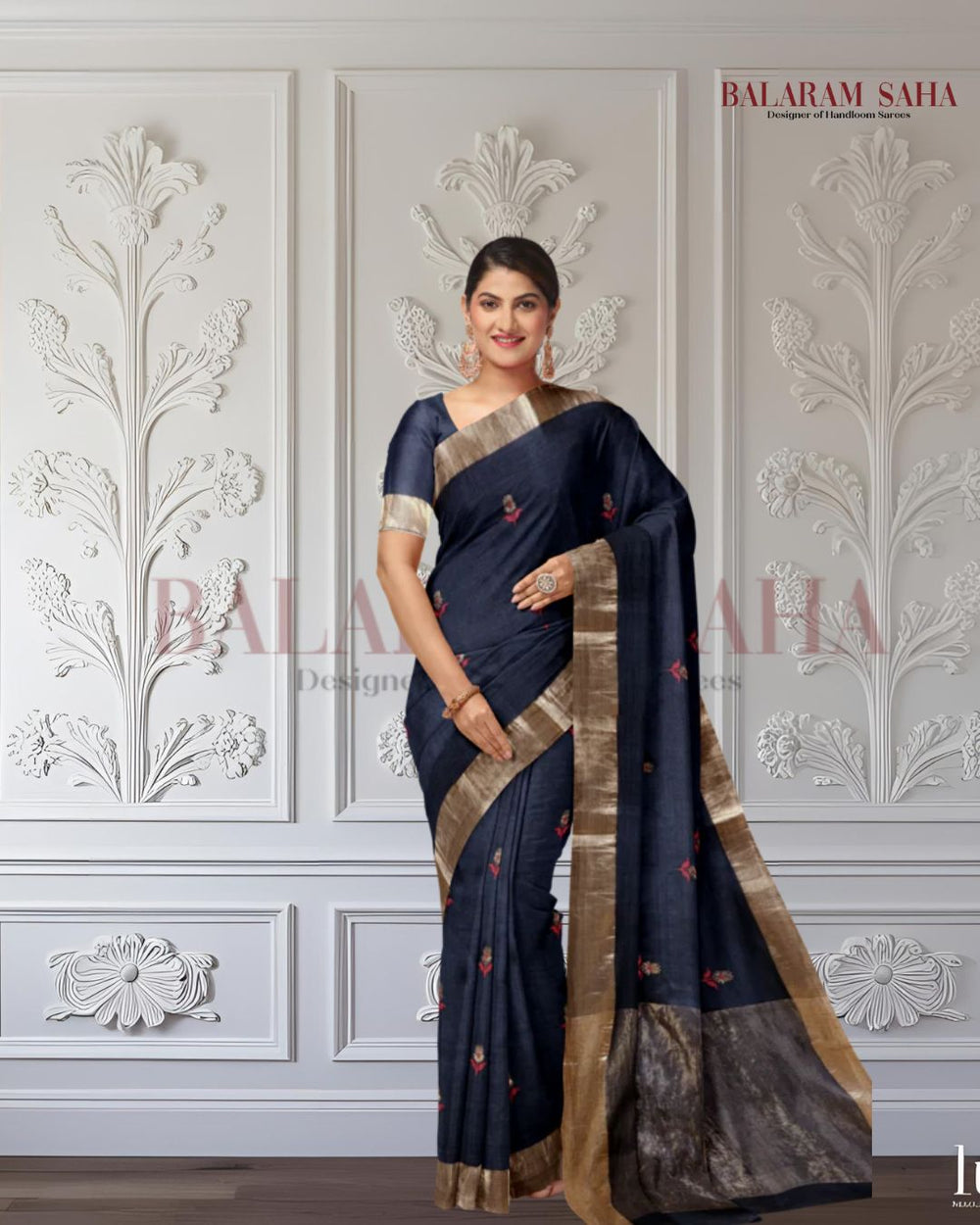 Black & Golden Zari Handloom Soft Khadi Tussar Silk Saree Balaram Saha