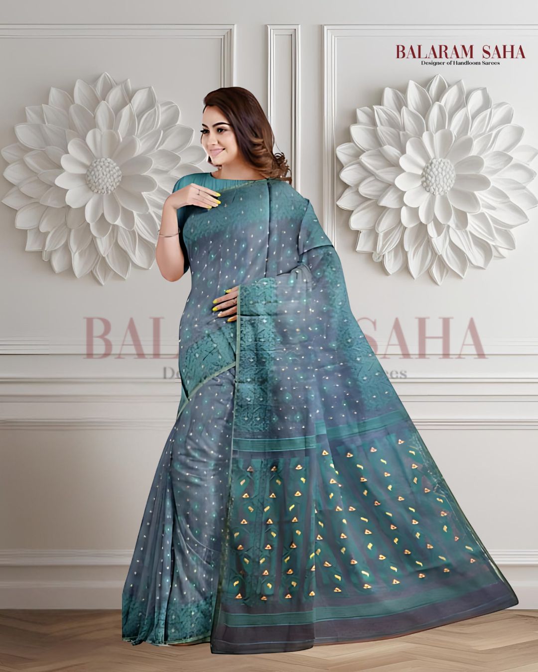 Balaram Saha Threads of the Sea: The Peacock Blue & Sea Green Handloom Jamdani Saree  Balaram Saha