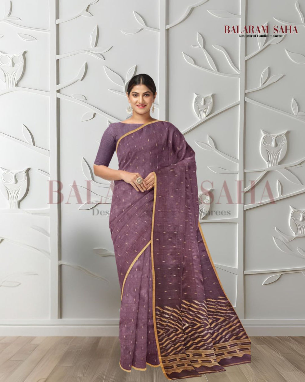 Plum & Mustard Soft Handloom Handwoven Tussar Silk Jamdani Saree Balaram Saha
