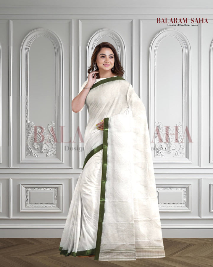 Balaram Saha: Off-White & Green Tangail Cotton Saree Balaram Saha