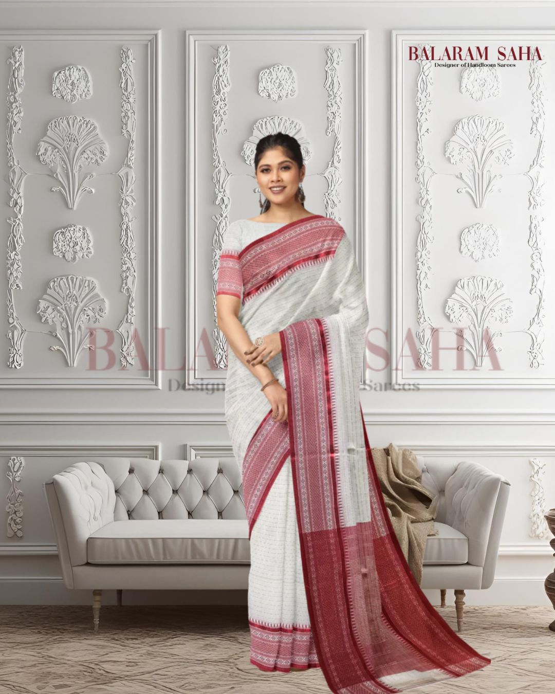 Off White & Red Premium Handloom Cotton Saree With Woven Border Balaram Saha