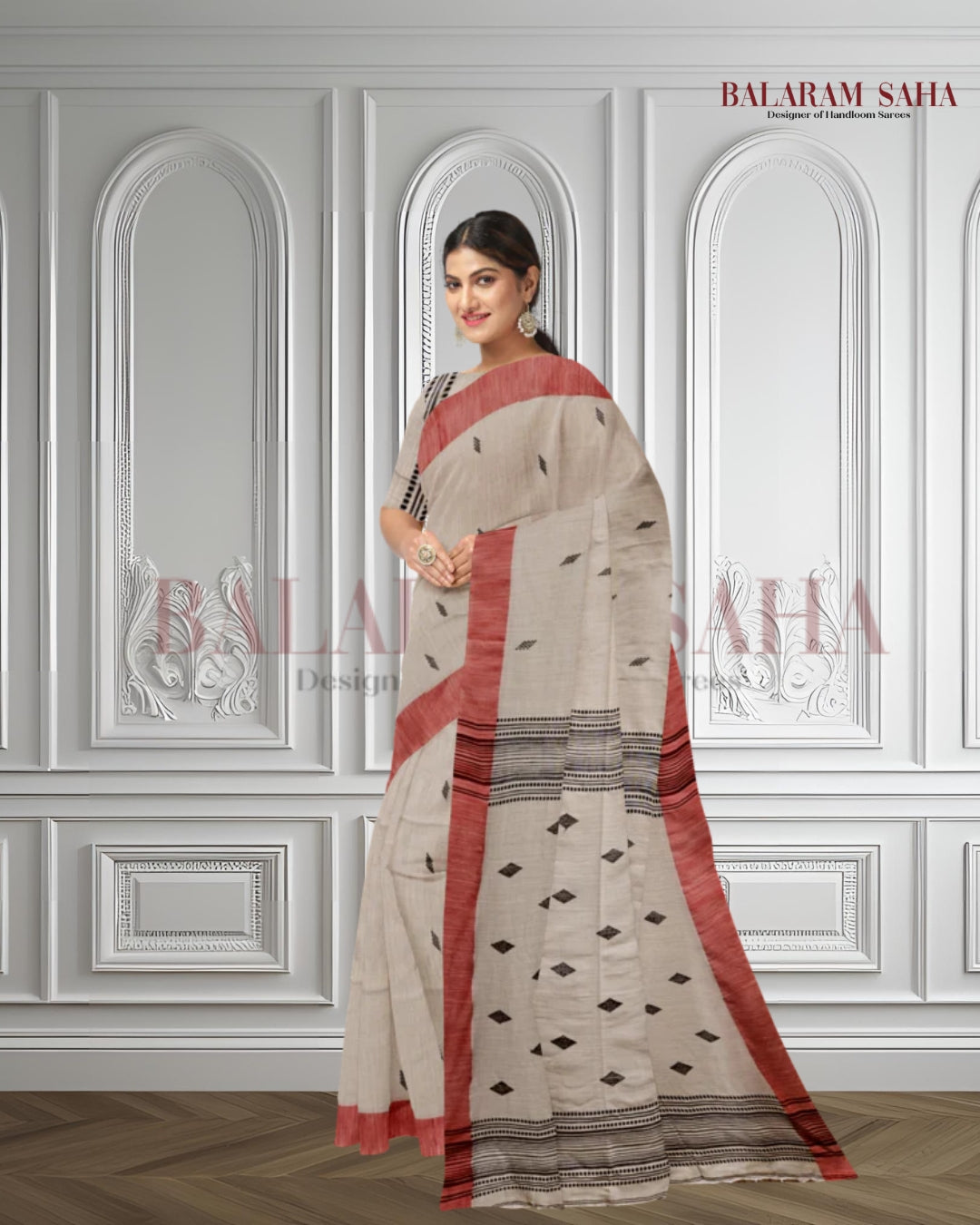 Beige & Red/Black Handloom Soft Cotton Saree Balaram Saha