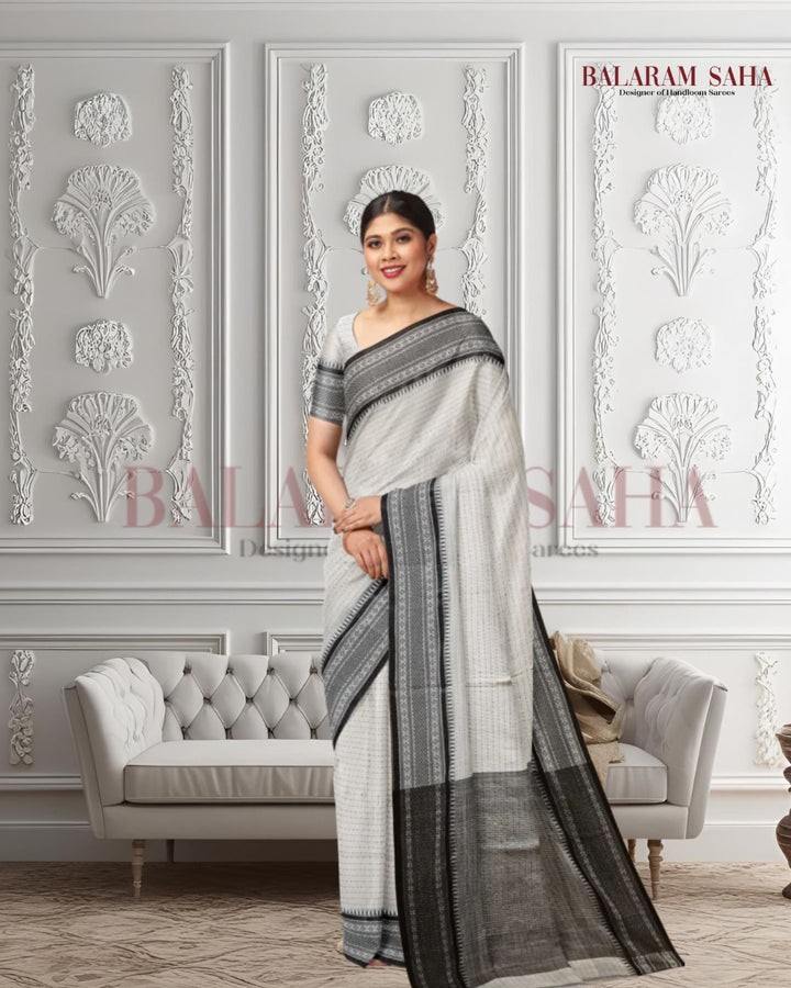 Off White & Black Premium Handloom Cotton Saree With Woven Border Balaram Saha