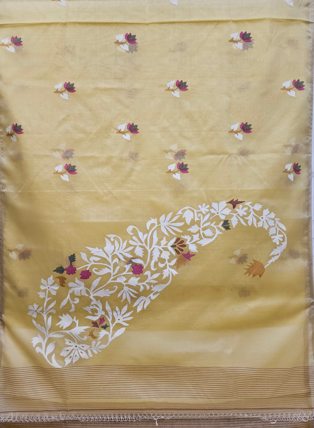 Light Mustard Handwoven Muslin Silk Jamdani Saree Balaram Saha