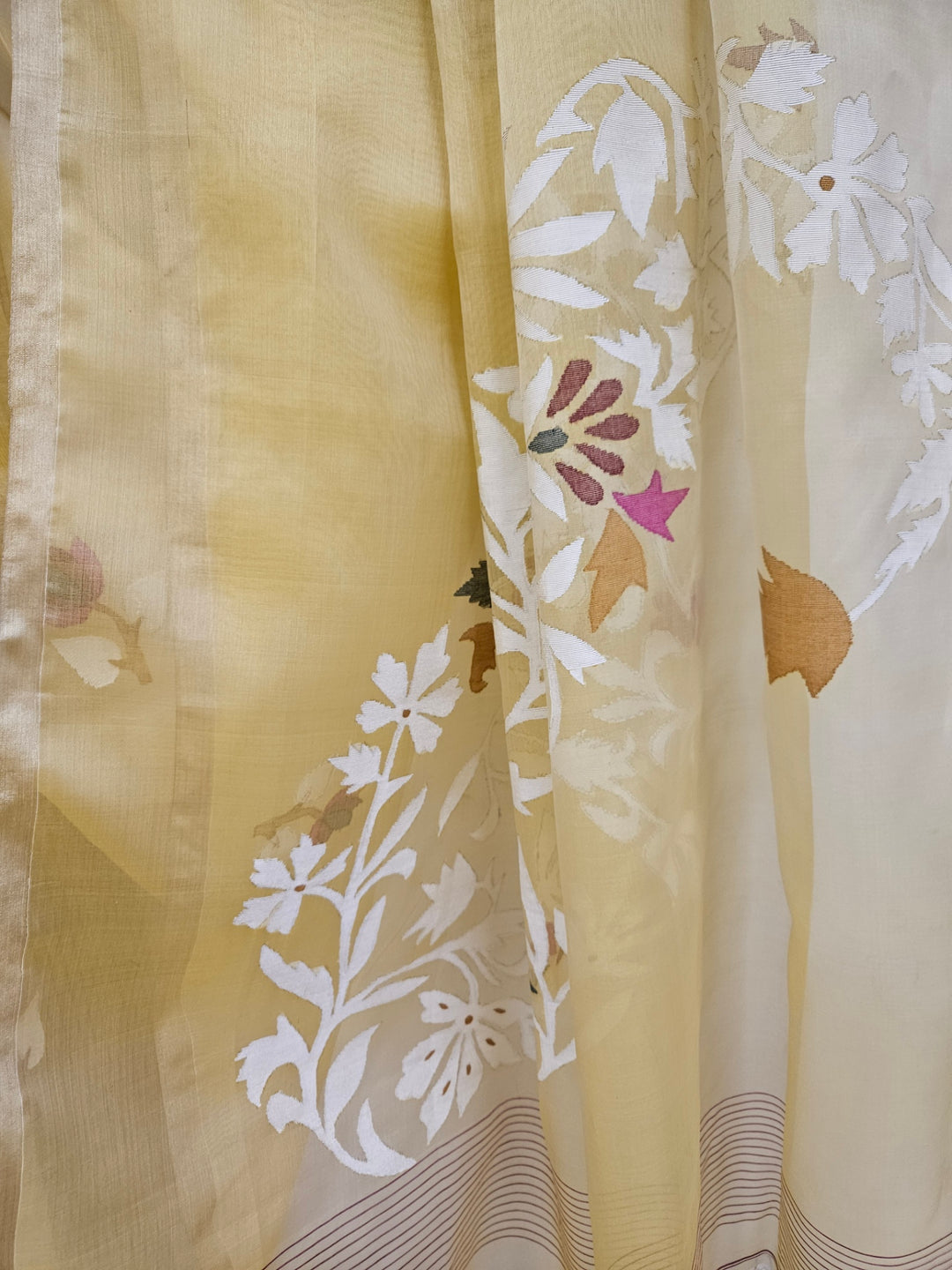 Light Mustard Handwoven Muslin Silk Jamdani Saree Balaram Saha