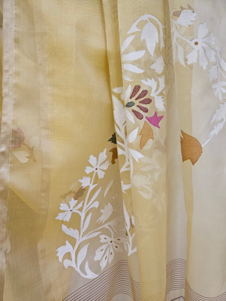 Light Mustard Handwoven Muslin Silk Jamdani Saree Balaram Saha