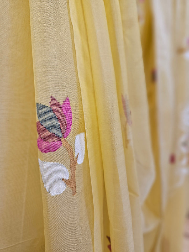 Light Mustard Handwoven Muslin Silk Jamdani Saree Balaram Saha