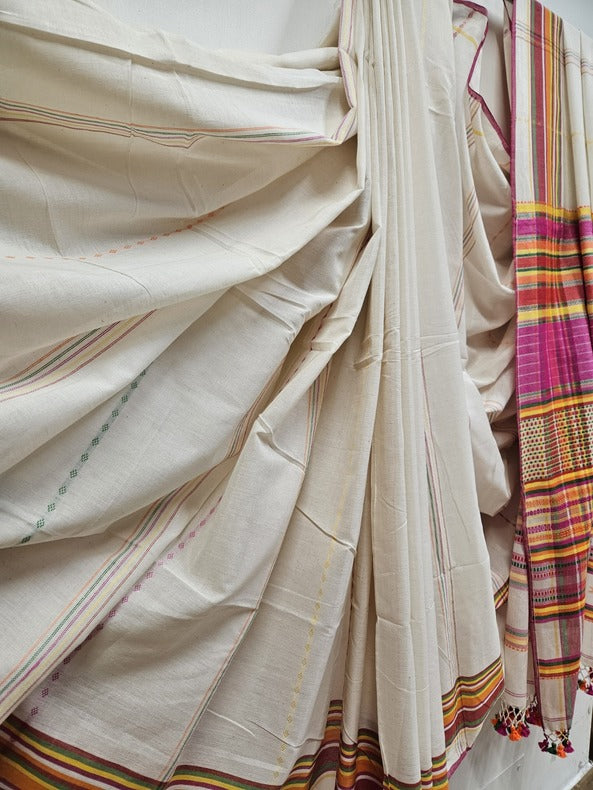 Balaram Saha Cotton Handwoven Saree in Off White & Multi Colours