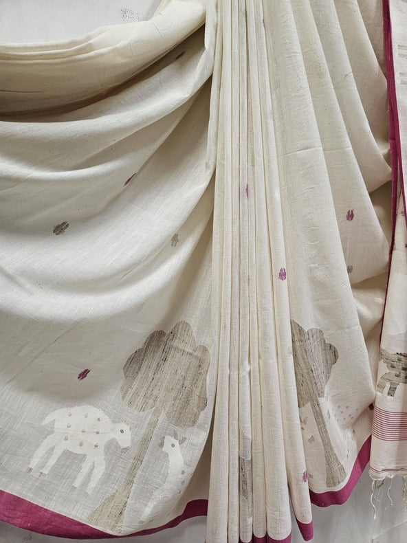 Off-White & Pink Soft Handspun Handwoven Cotton Jamdani Saree Balaram Saha