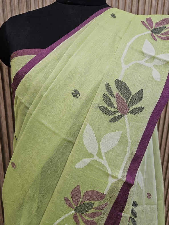 Lime Green & Purple Handloom Handwoven Cotton Jamdani Saree Balaram Saha