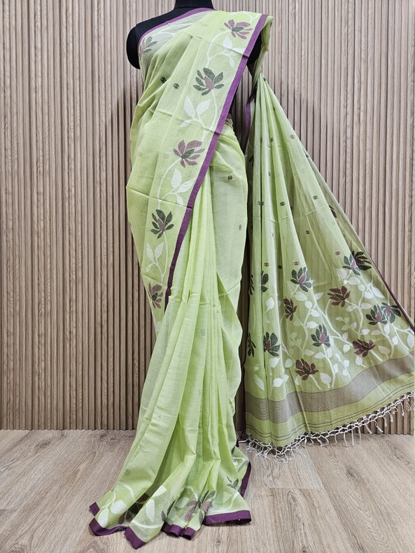 Lime Green & Purple Handloom Handwoven Cotton Jamdani Saree Balaram Saha