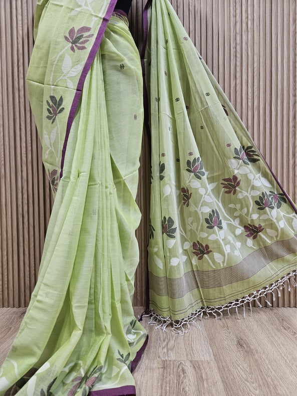 Lime Green & Purple Handloom Handwoven Cotton Jamdani Saree Balaram Saha