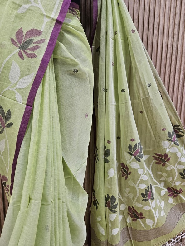 Lime Green & Purple Handloom Handwoven Cotton Jamdani Saree Balaram Saha
