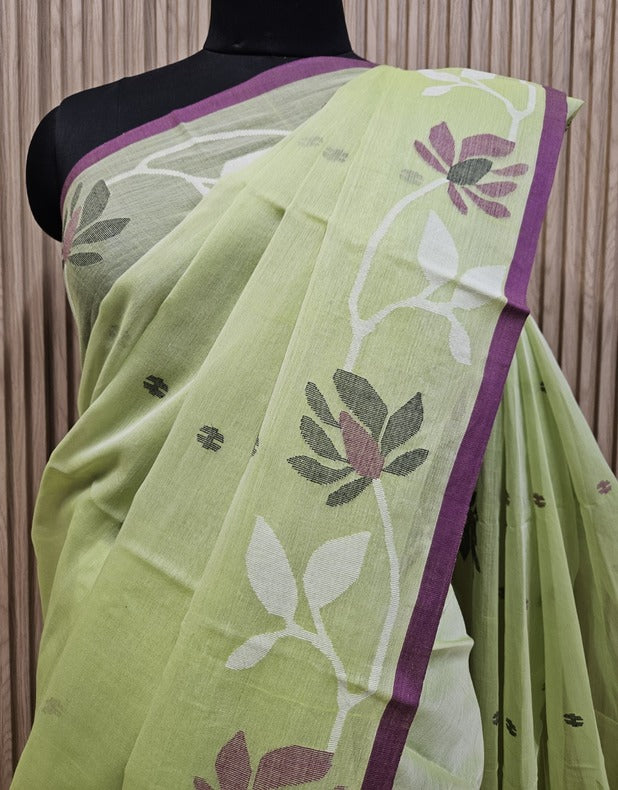 Lime Green & Purple Handloom Handwoven Cotton Jamdani Saree Balaram Saha