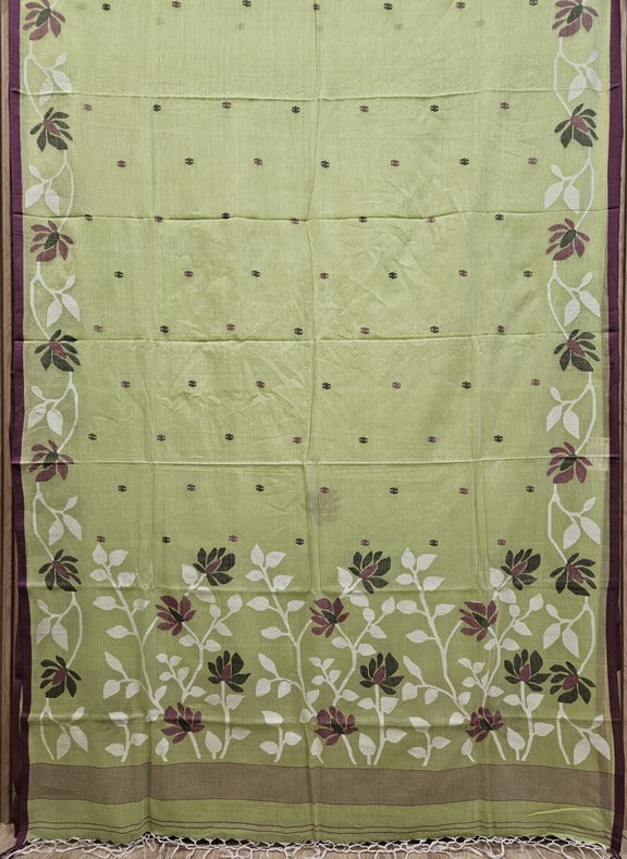 Lime Green & Purple Handloom Handwoven Cotton Jamdani Saree Balaram Saha