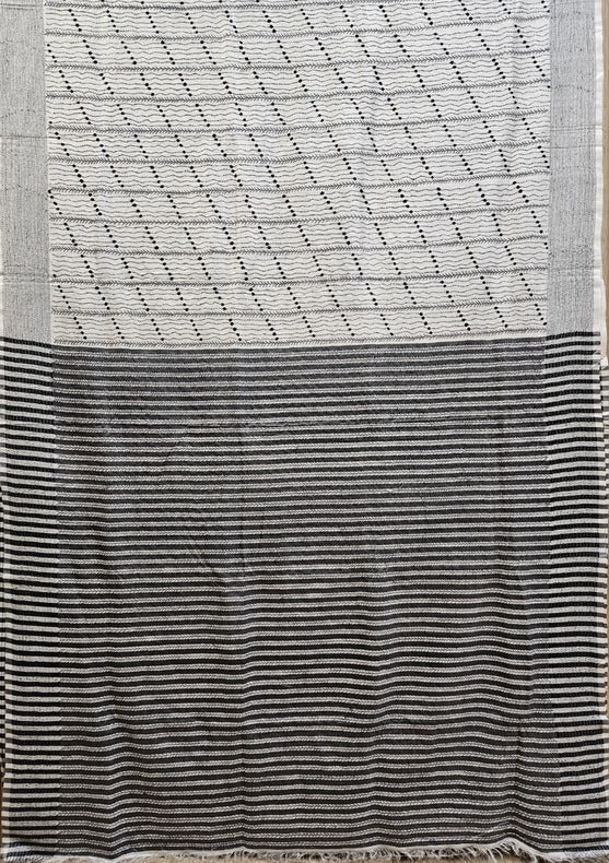 Heritage Charm: Balaram Saha's White & Grey Kantha Stitch Silk Saree - Balaram Saha