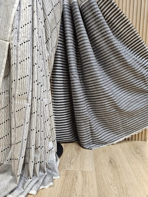 Heritage Charm: Balaram Saha's White & Grey Kantha Stitch Silk Saree - Balaram Saha