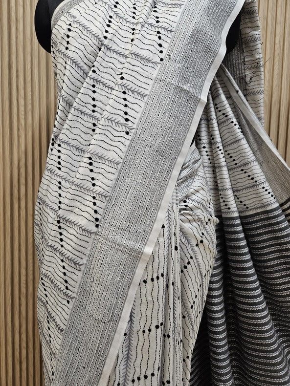 Heritage Charm: Balaram Saha's White & Grey Kantha Stitch Silk Saree - Balaram Saha