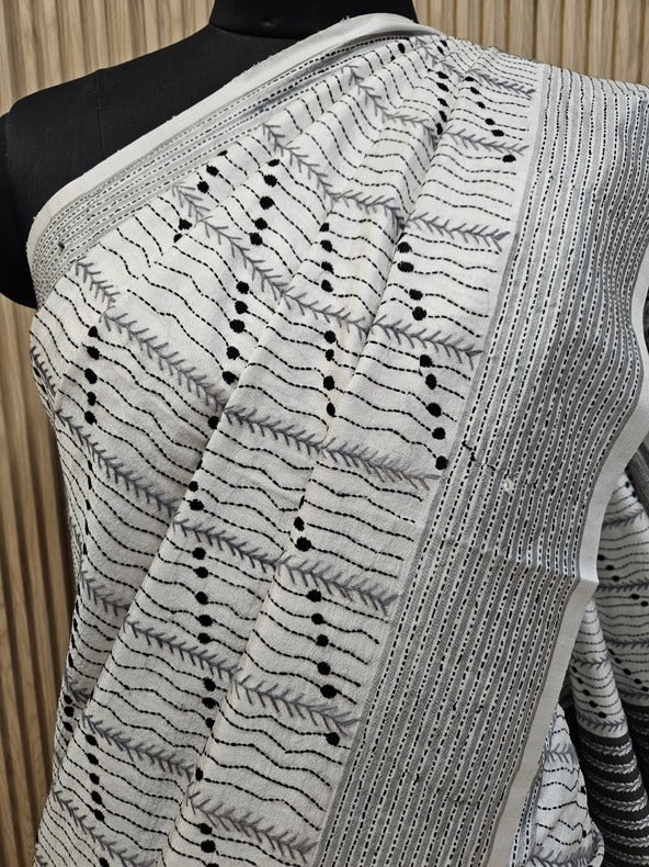 Heritage Charm: Balaram Saha's White & Grey Kantha Stitch Silk Saree - Balaram Saha