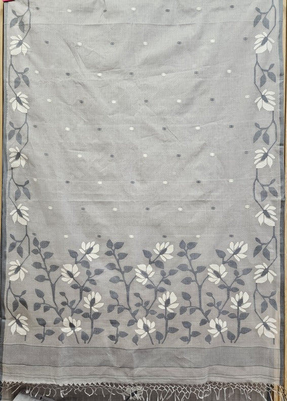Grey Handloom Handwoven Cotton Jamdani saree - Balaram Saha