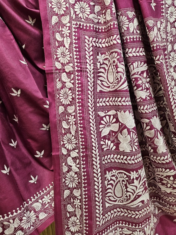 A Timeless Statement: Beige & Brown Handloom Katan Silk Kantha Saree by Balaram Saha Balaram Saha
