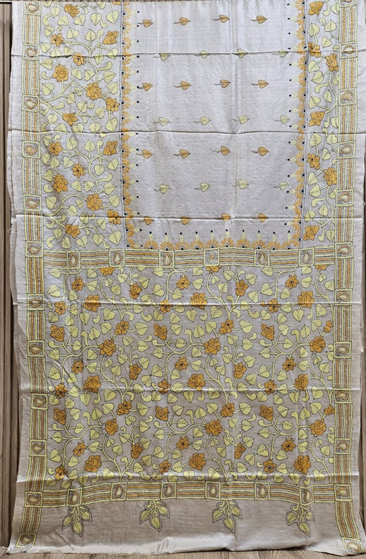 Luxurious Cream Tussar Silk with Handcrafted Kantha by Balaram Saha Balaram Saha