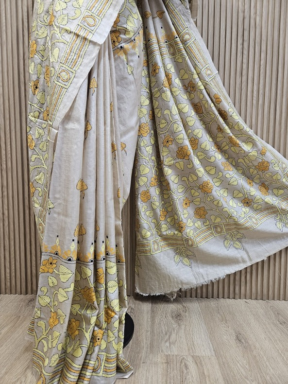 Luxurious Cream Tussar Silk with Handcrafted Kantha by Balaram Saha Balaram Saha