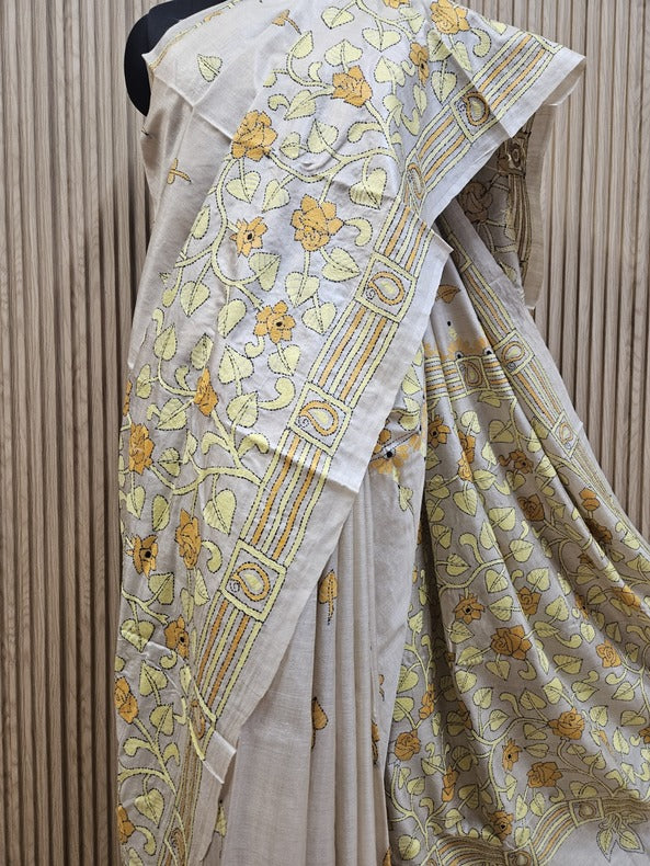 Luxurious Cream Tussar Silk with Handcrafted Kantha by Balaram Saha Balaram Saha