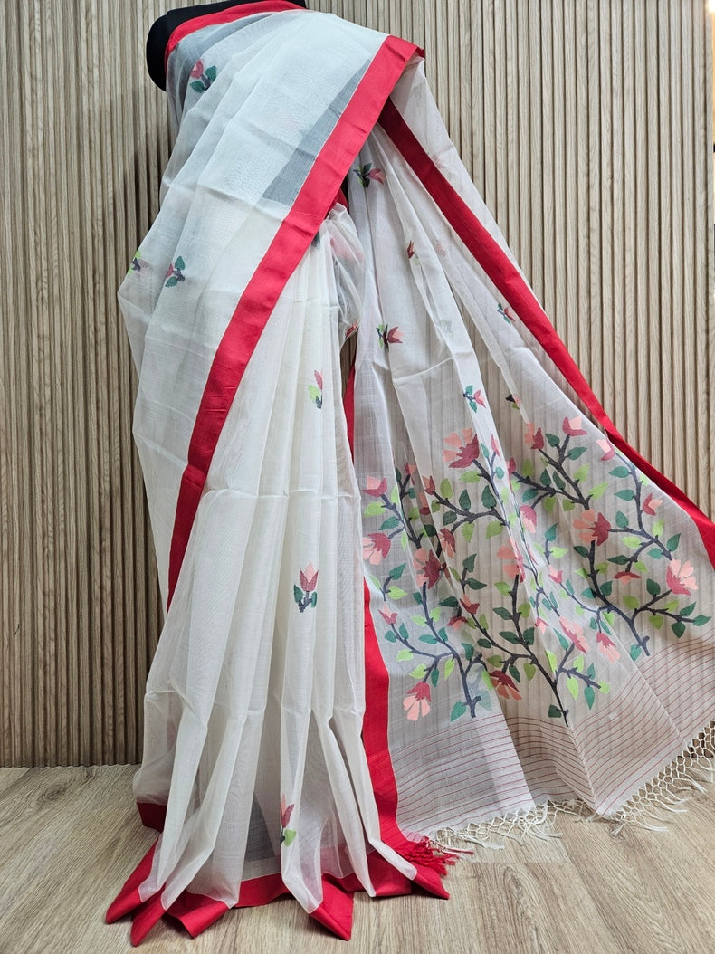 Off-White & Red Handwoven Pure Muslin Silk Jamdani Saree Balaram Saha