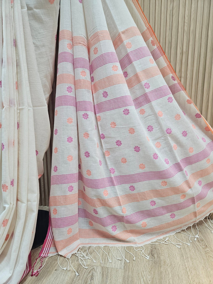 Balaram Saha Handwoven Wonder:  White Handloom Handspun Cotton Jamdani Saree Balaram Saha