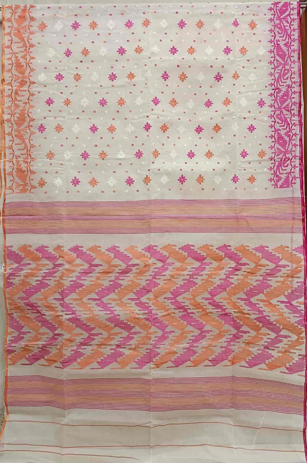 Off-white,  Bangladeshi handwoven cotton jamdani saree with all-over Orange & pink woven booties on body and orange & pink Ganga Jamuna Traditional Jamdani woven border and Aanchal.