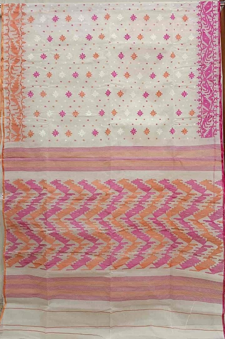 Off-white,  Bangladeshi handwoven cotton jamdani saree with all-over Orange & pink woven booties on body and orange & pink Ganga Jamuna Traditional Jamdani woven border and Aanchal.