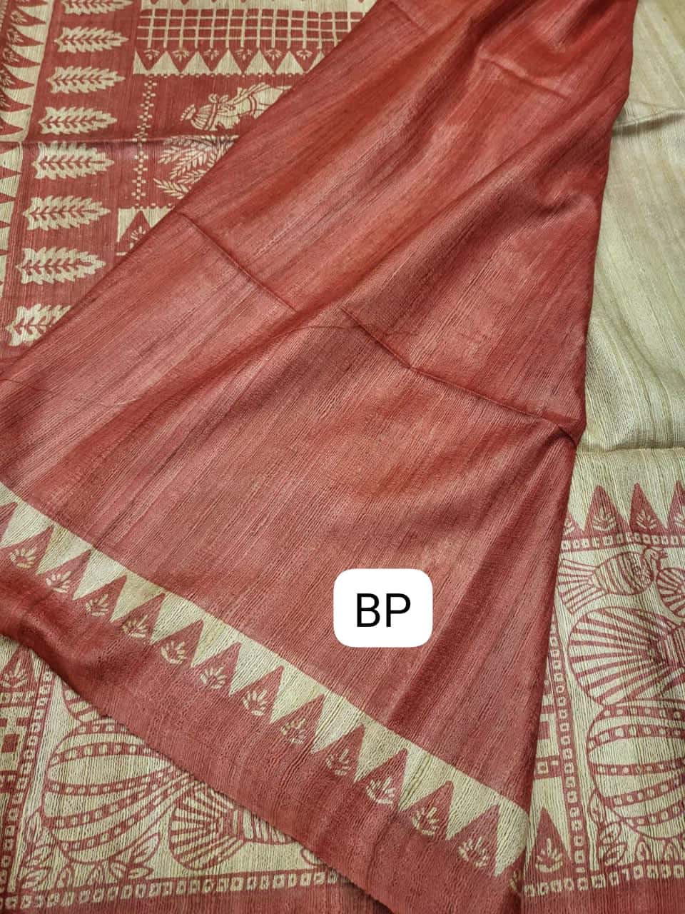 Pure Tussar/Ghicha Silk saree in the natural shade with Red hand block print Balaram Saha