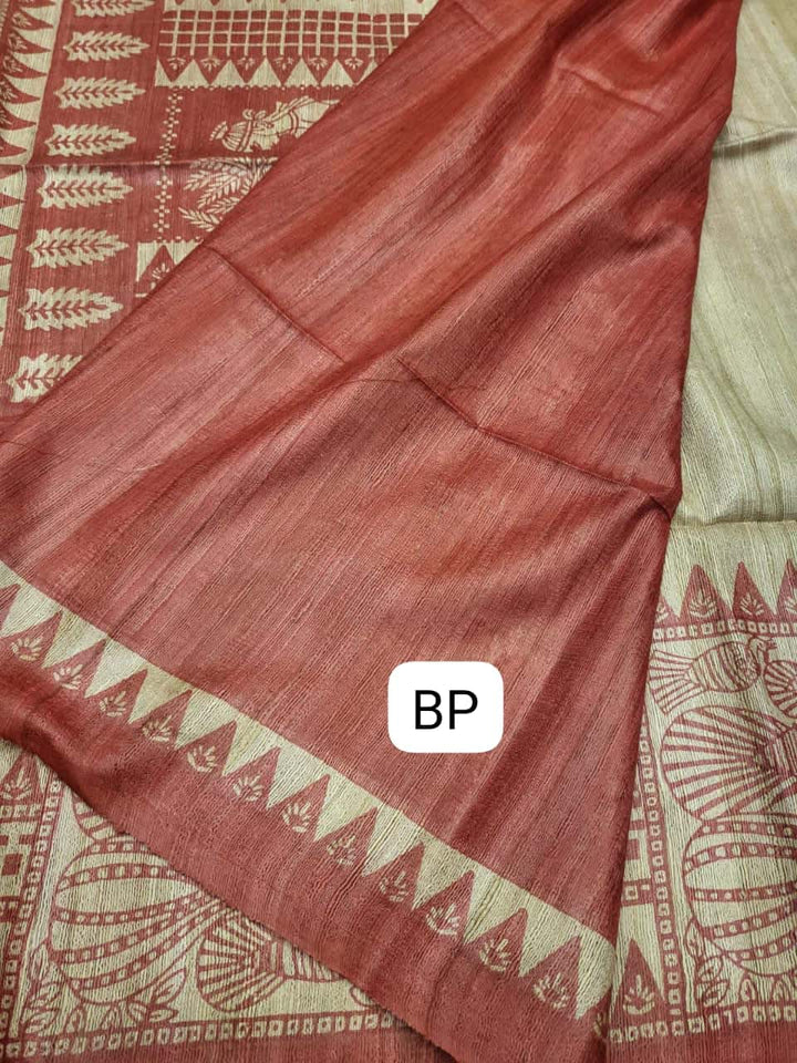 Pure Tussar/Ghicha Silk saree in the natural shade with Red hand block print Balaram Saha