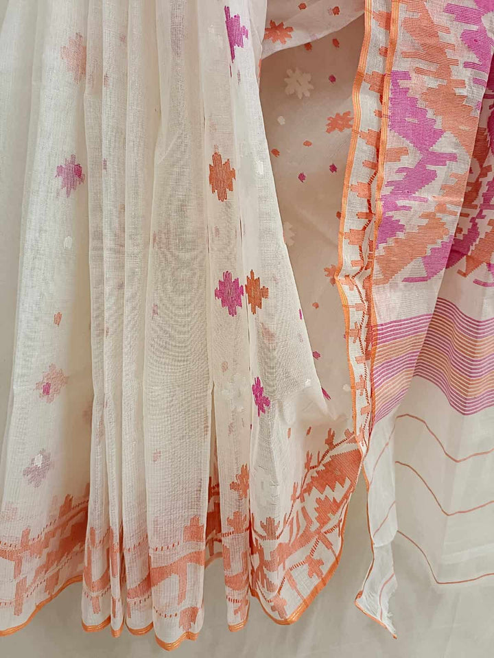 Off-white,  Bangladeshi handwoven cotton jamdani saree with all-over Orange & pink woven booties on body and orange & pink Ganga Jamuna Traditional Jamdani woven border and Aanchal.