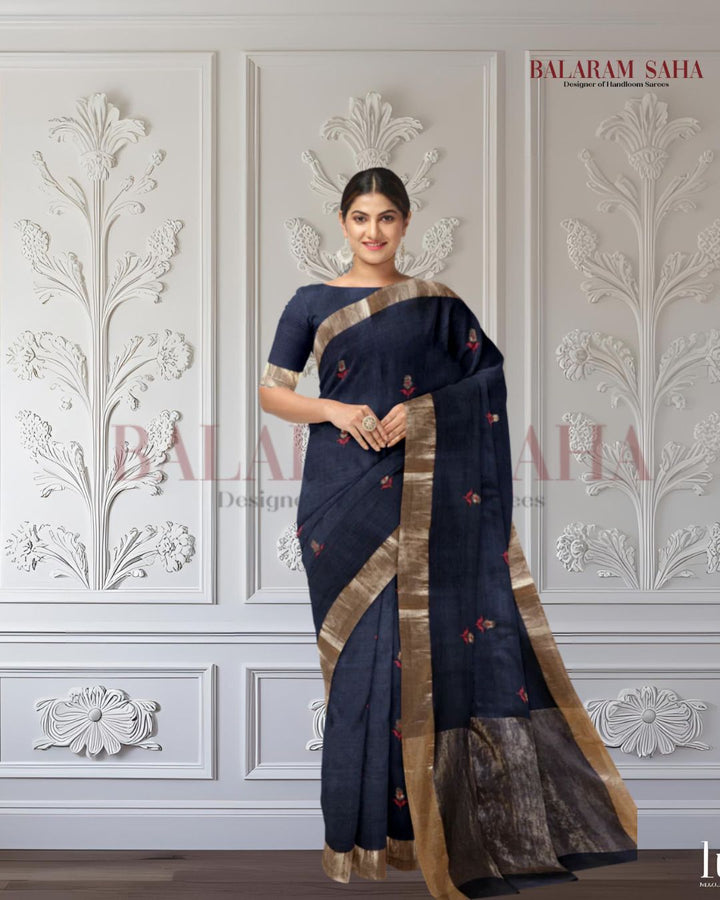 Black & Golden Zari Handloom Soft Khadi Tussar Silk Saree Balaram Saha