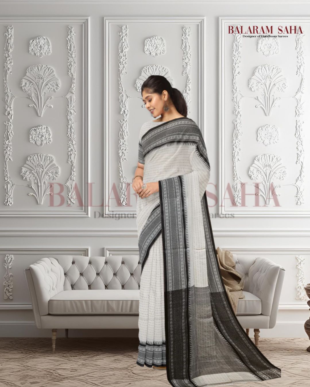 Off White & Black Premium Handloom Cotton Saree With Woven Border Balaram Saha