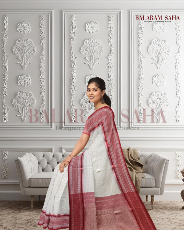 Off White & Red Premium Handloom Cotton Saree With Woven Border Balaram Saha