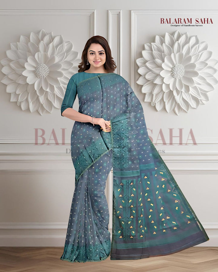 Balaram Saha Threads of the Sea: The Peacock Blue & Sea Green Handloom Jamdani Saree  Balaram Saha