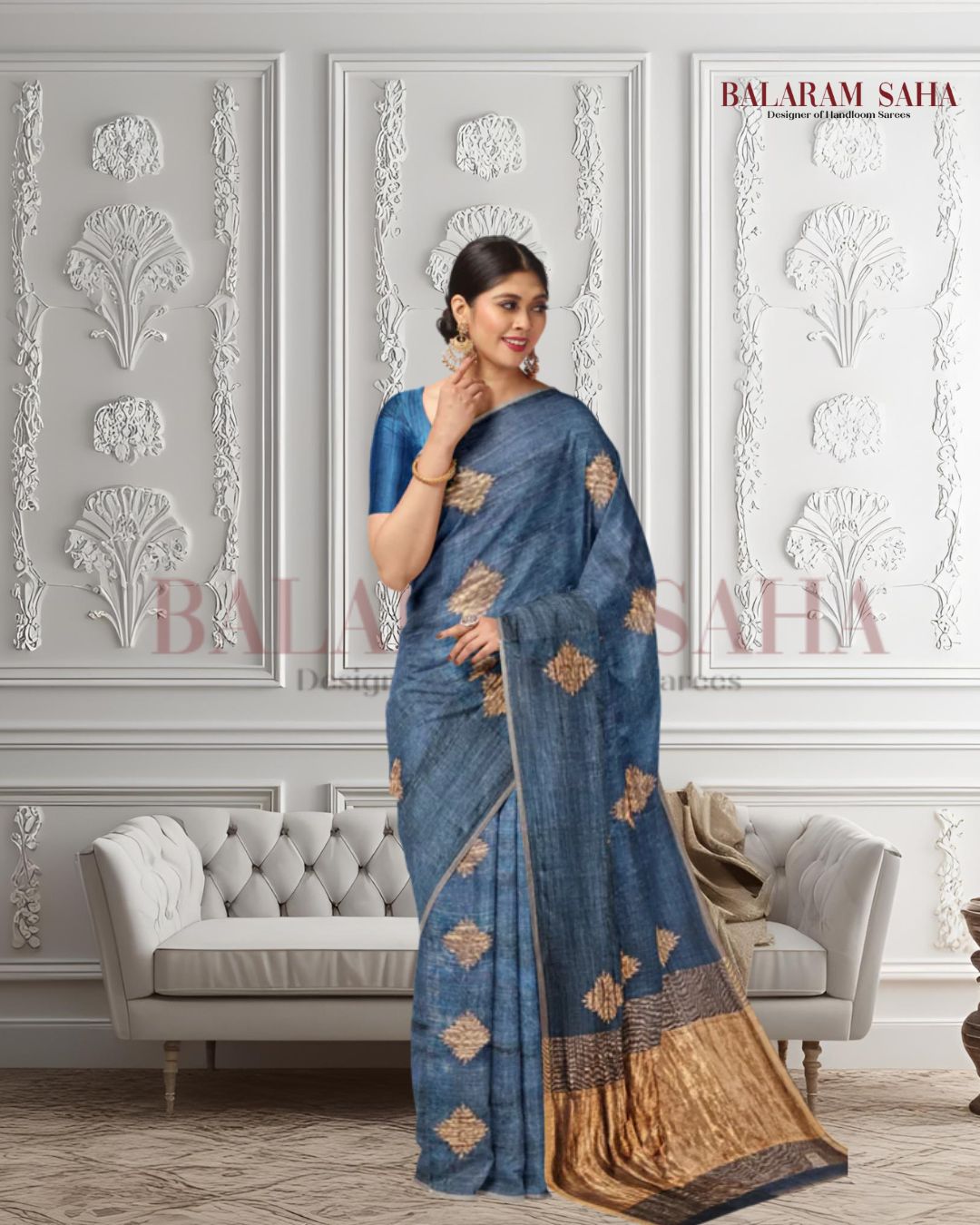 Peacock Blue and Golden Zari Soft Handwoven Muslin Silk Saree Balaram Saha