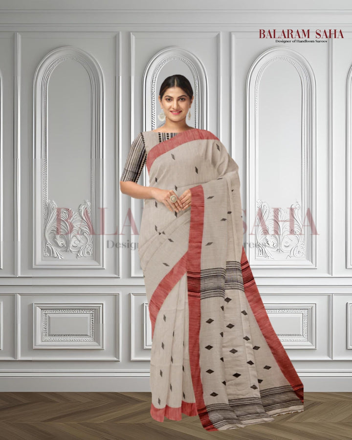 Beige & Red/Black Handloom Soft Cotton Saree Balaram Saha