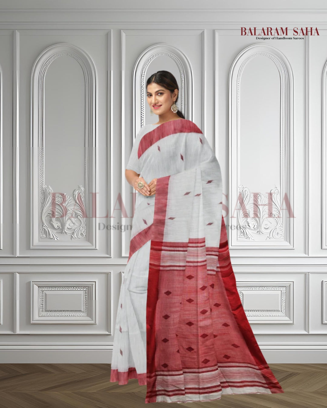 White & Red Handloom Soft Cotton Saree Balaram Saha